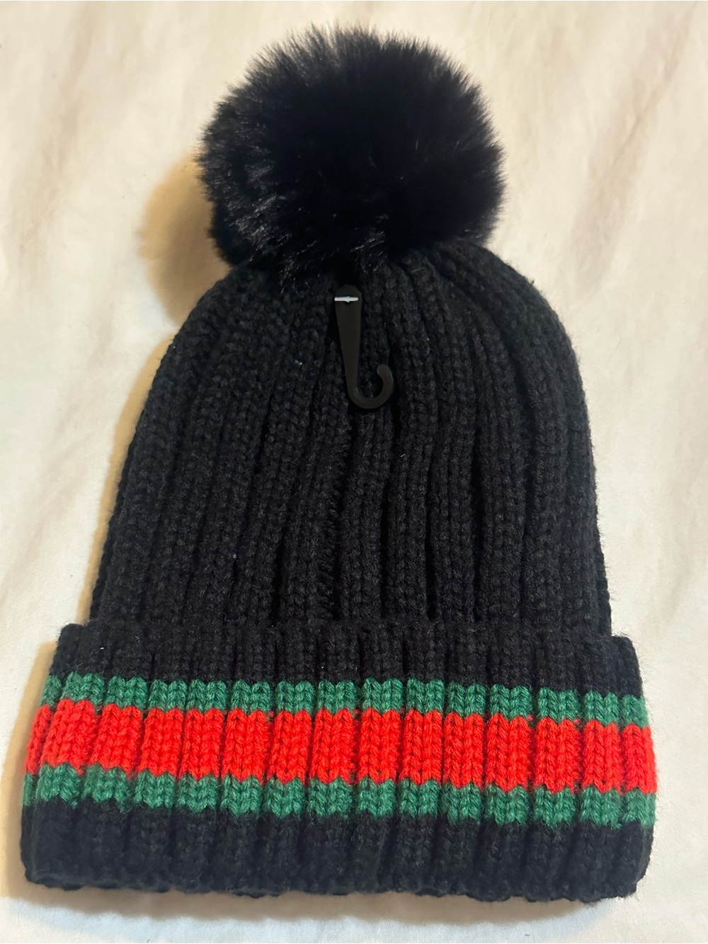 Black Knit Beanie with Red and Green Stripe